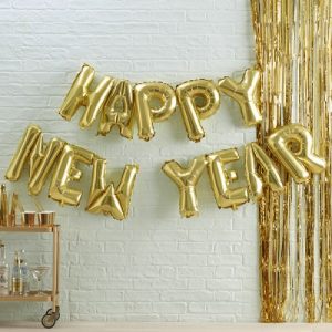 Надпись из шаров на новый год "Happy New Year" золото